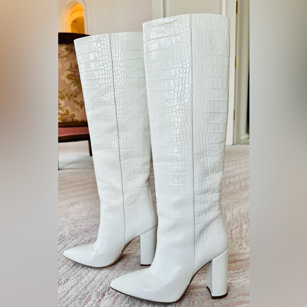 White Croc-Embossed Knee-High Boots